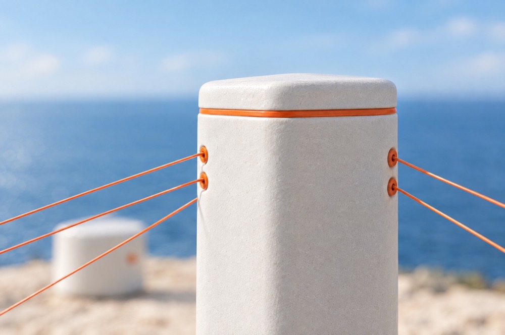 Close-up of the top of the white central pillar, where several orange filaments enter small ports just below its orange seam.