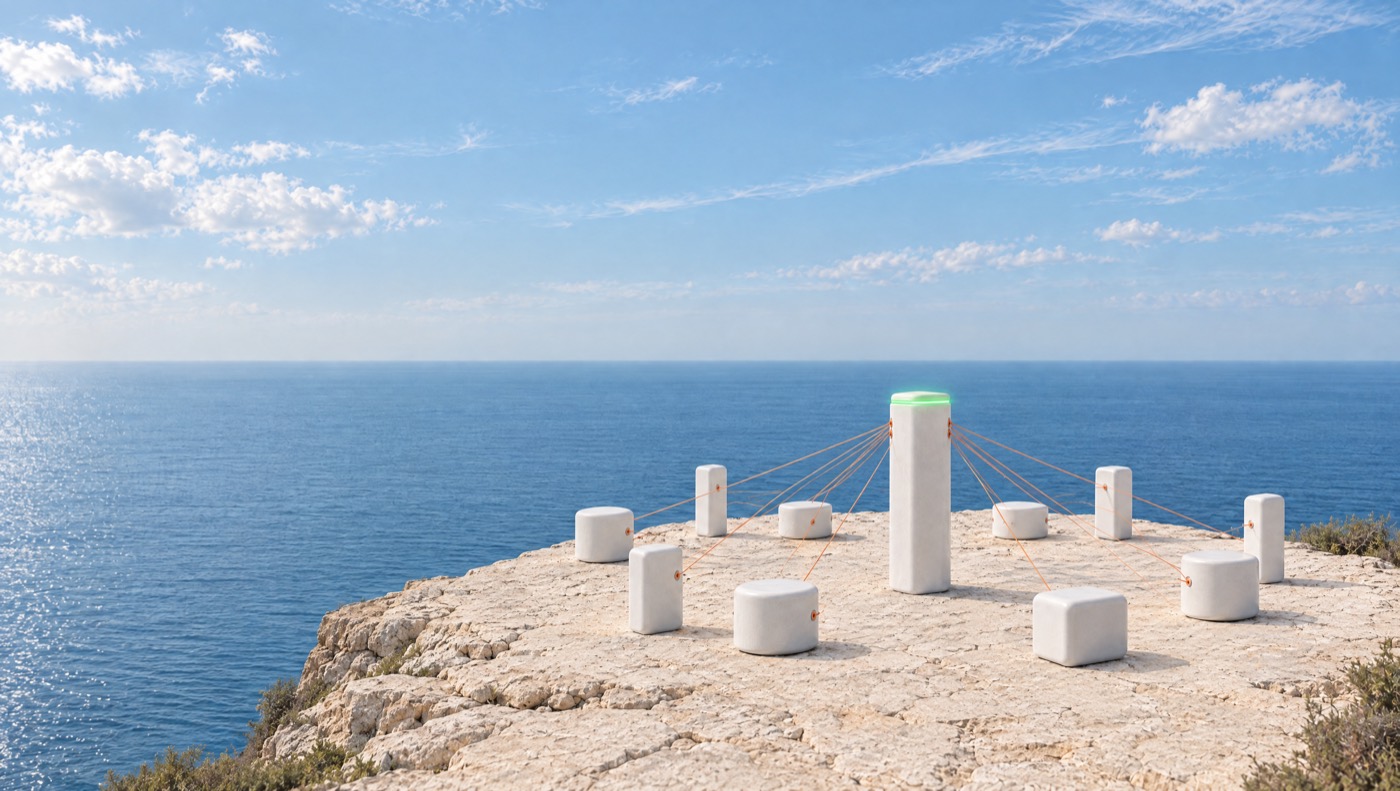 Every white module on the clifftop now linked to the central pillar by orange filaments, the strip at the top of the pillar glowing green.