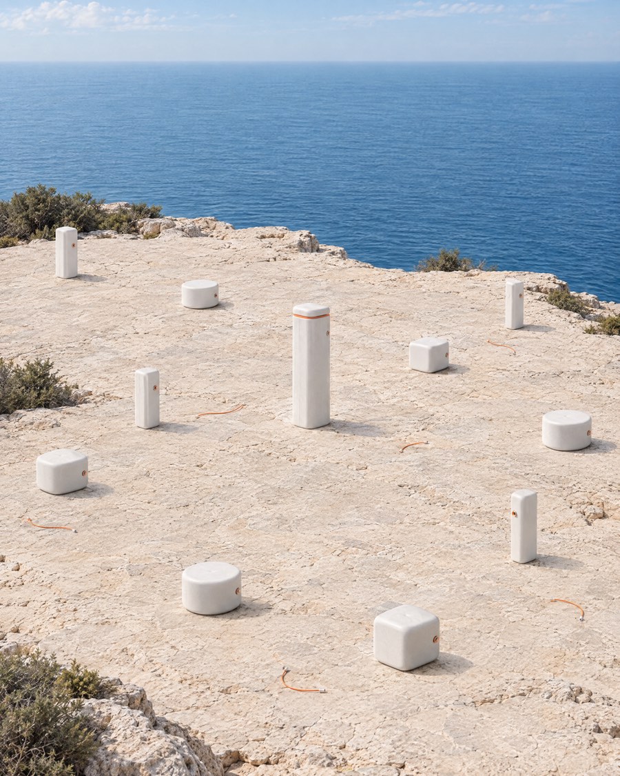 The same white modules scattered far apart across the limestone terrace, with no filaments connecting them, the central pillar standing alone.