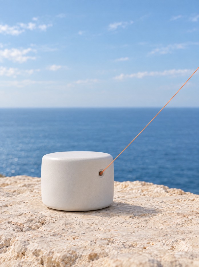 A single white ceramic module on limestone with one orange filament leaving its port toward the unseen central pillar.